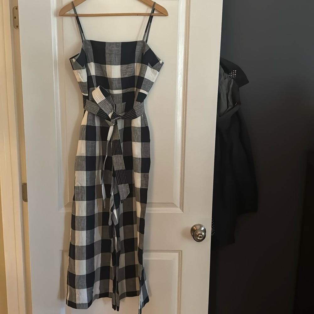 J.Crew linen wide leg belted jumpsuit. Size 8. Navy and white.
